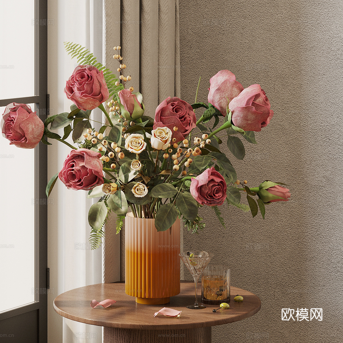 现代花艺 花艺摆件 鲜花花艺 客厅花瓶摆件 玫瑰花花艺su模型