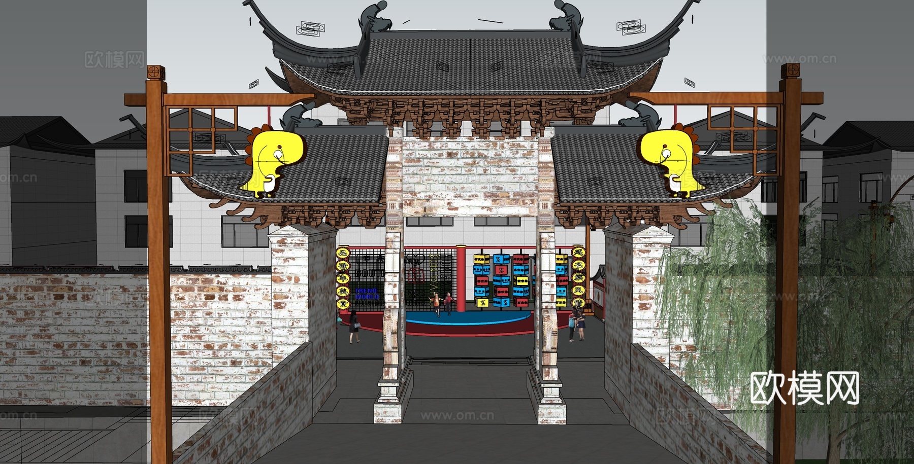 新中式牌坊牌楼 新中式美陈 新中式国潮 小吃街 夜市su模型