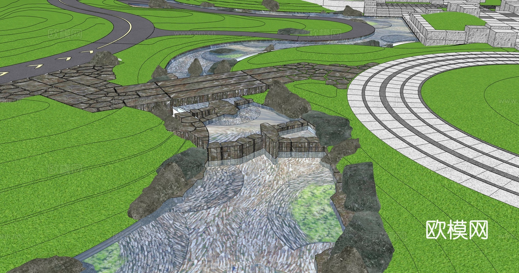 现代旱溪小溪 雨水花园 溪流 生态公园su模型