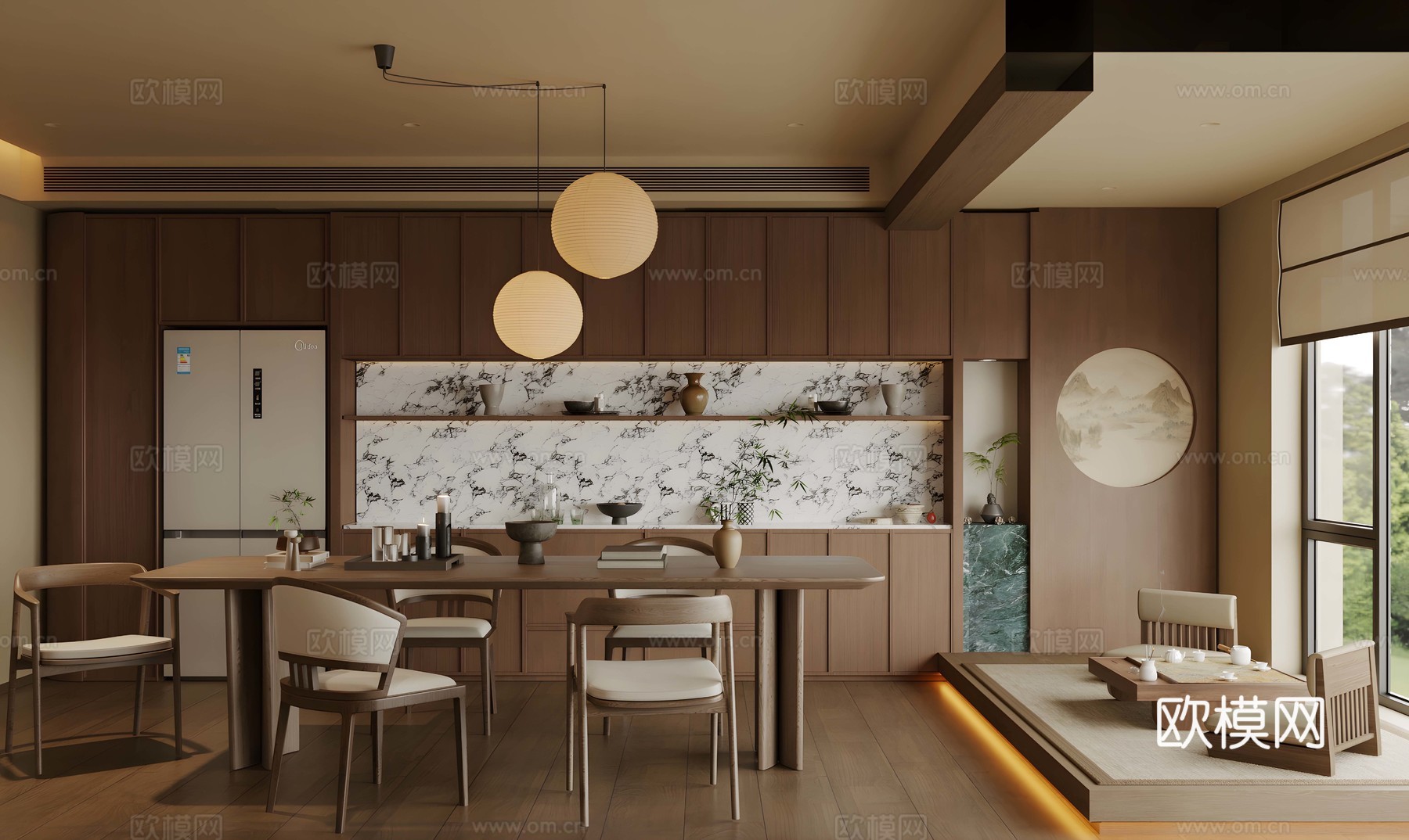 新中式禅意家居餐厅 宋式餐厅 中式长桌餐厅 实木餐桌椅 茶室3d模型