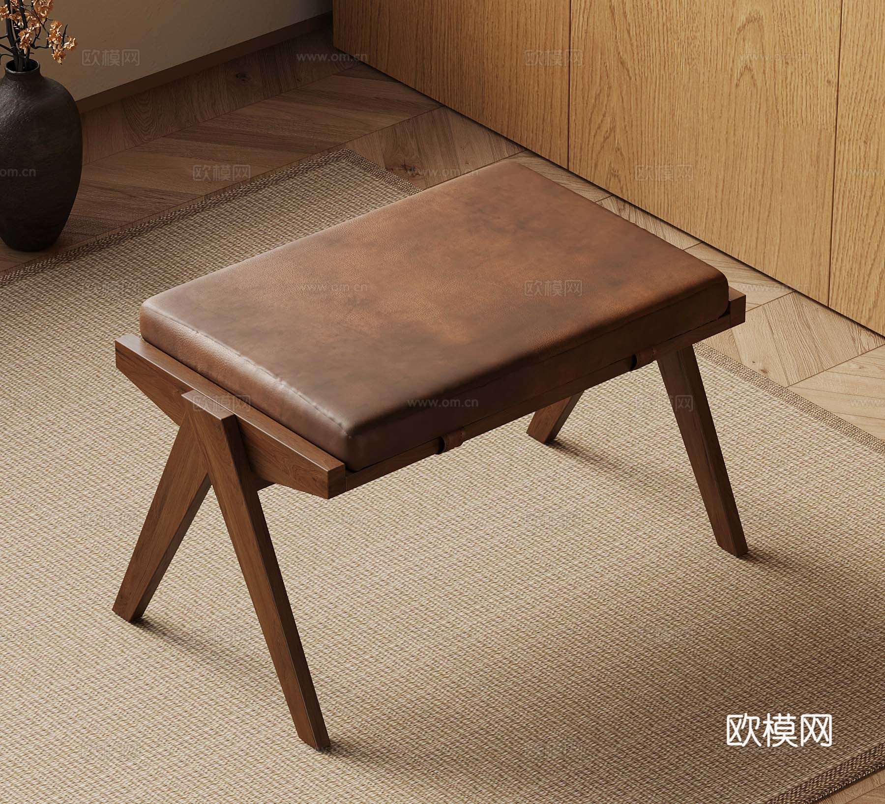 现代床尾凳 棕色皮革床尾凳 脚踏凳3d模型
