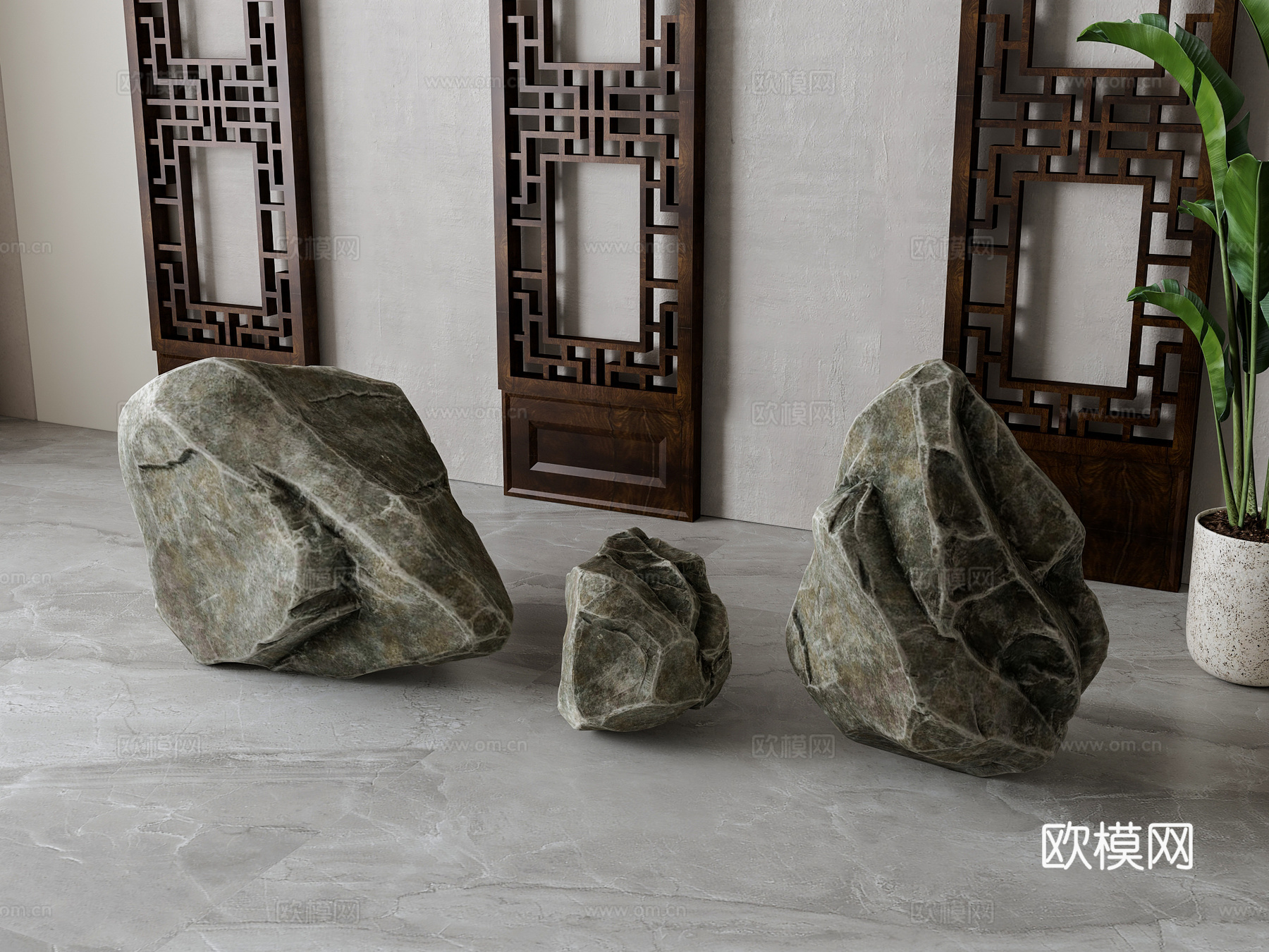 新中式石头假山摆件su模型
