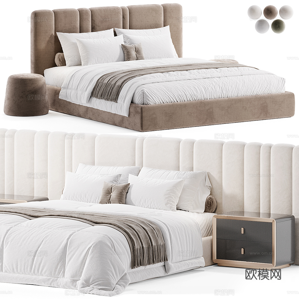 现代轻奢奶油风布艺双人床3d模型下载（渲染图2）