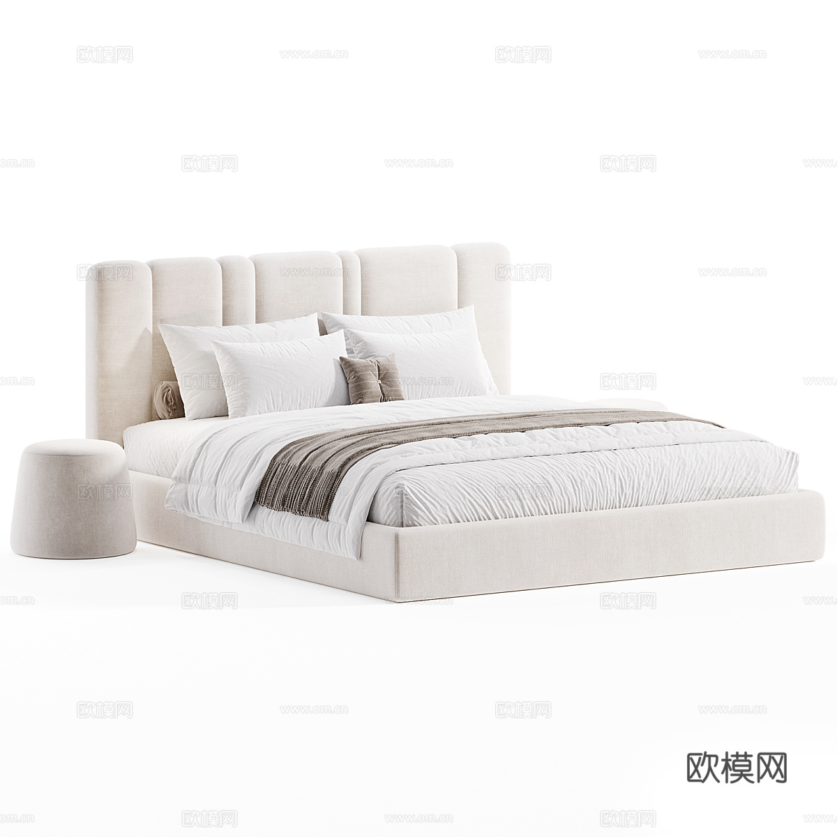 现代轻奢奶油风布艺双人床3d模型下载（渲染图3）