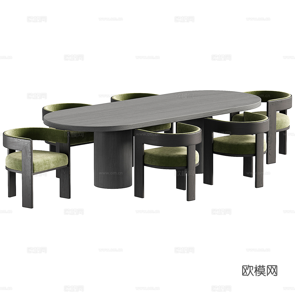 现代意式椭圆实木餐桌椅组合3d模型