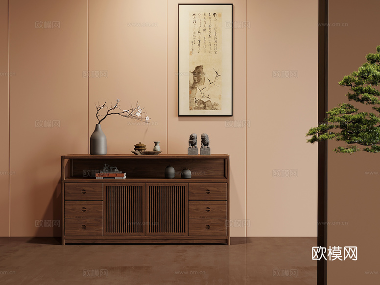 茶水柜 新中式茶柜 茶水柜 装饰画 摆件3d模型下载
