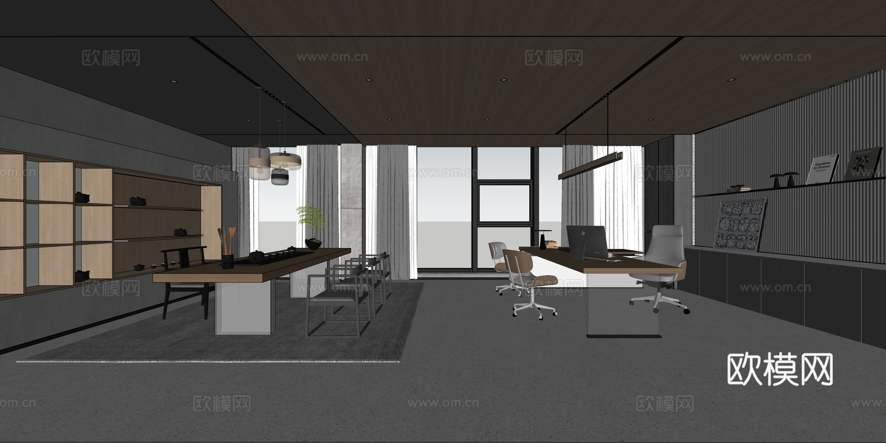 新中式总经理办公空间设计su模型