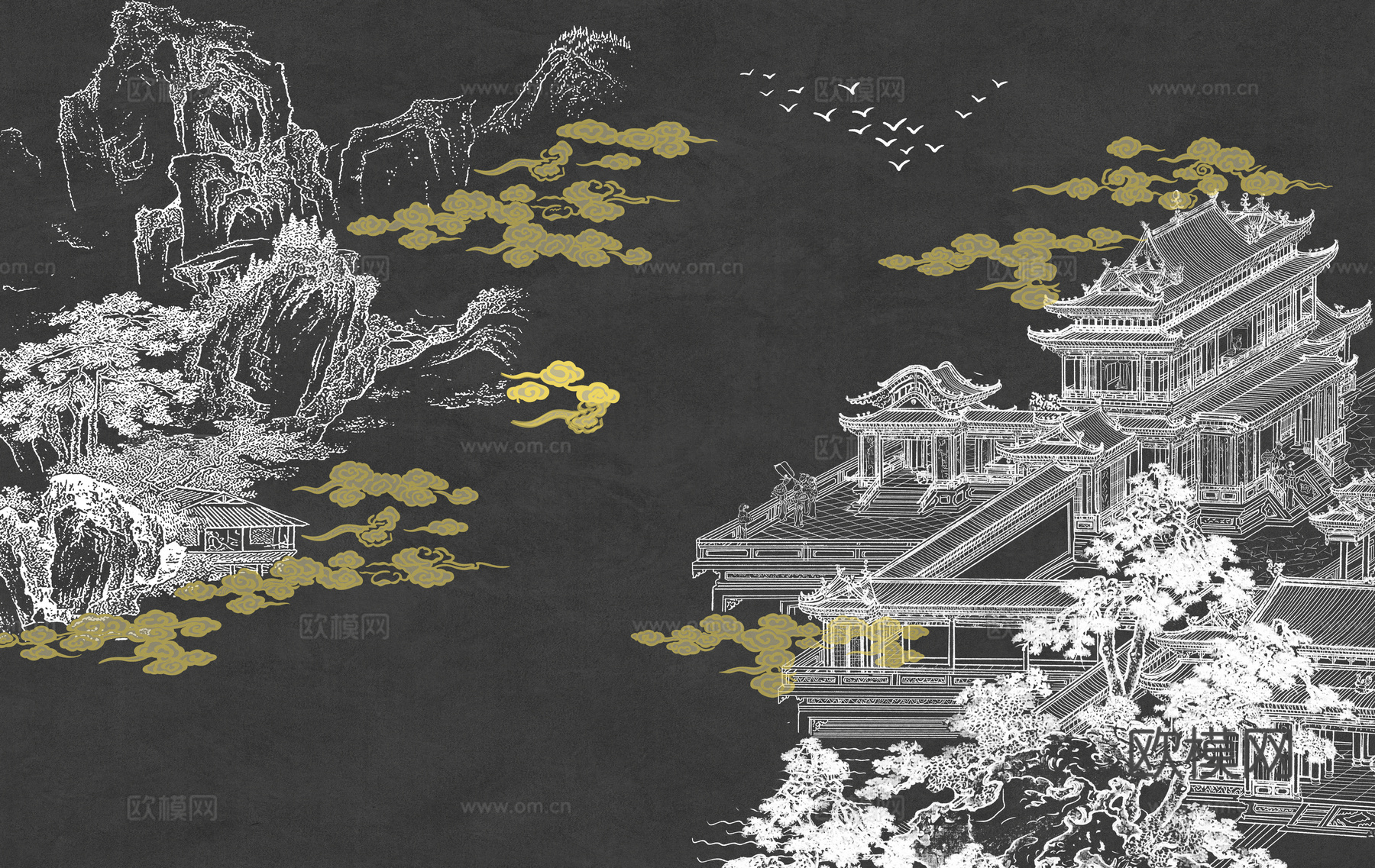 新中式亭台楼阁中式建筑线条肌理工装背景墙下载（渲染图8）