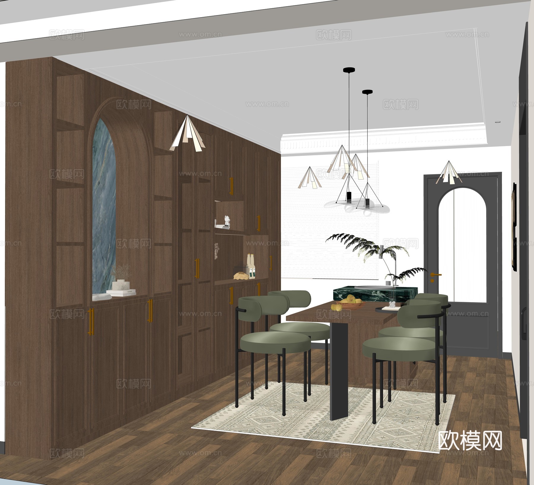 现代中古风家具餐厅su模型