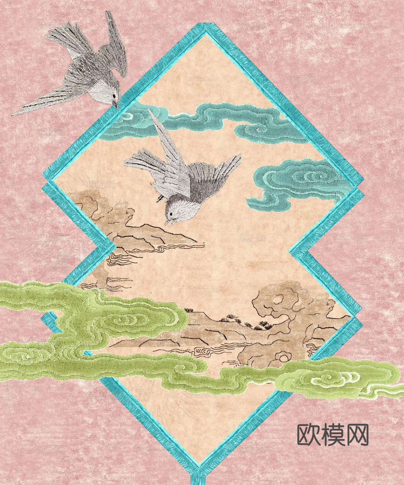 新中式法式粉色花鸟地毯