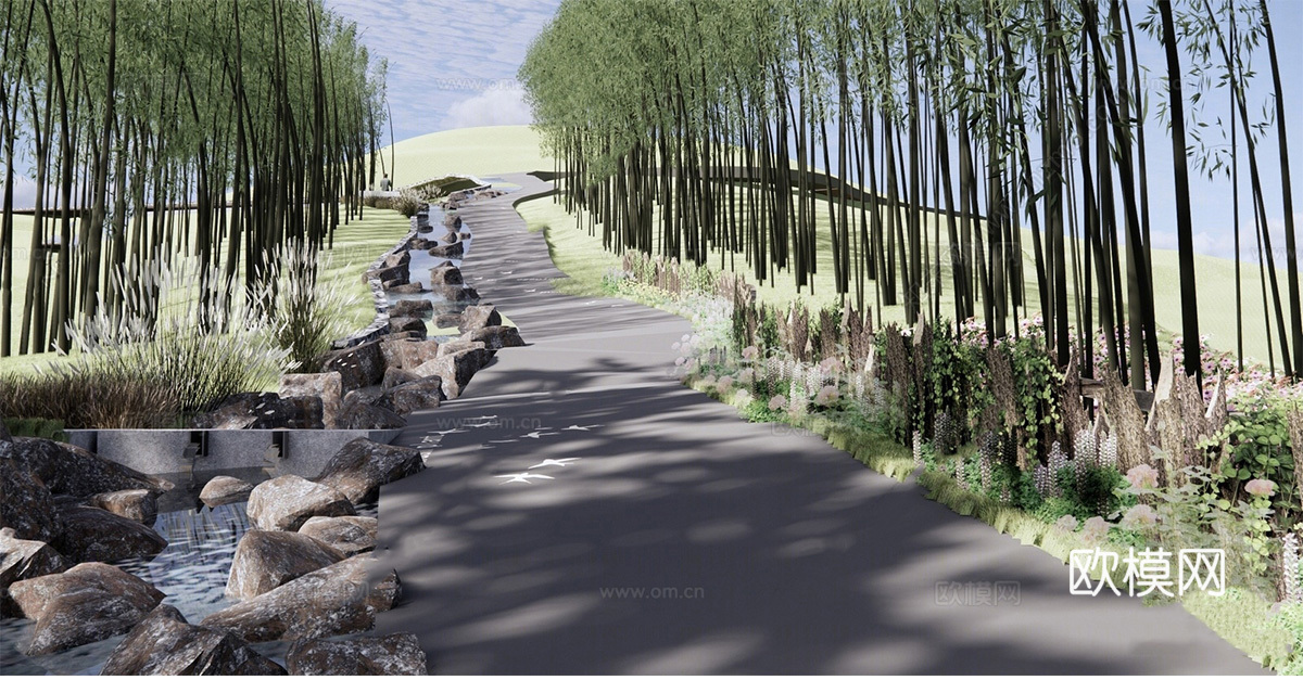 现代公园景观 山涧小溪 竹林夹道 公园su模型