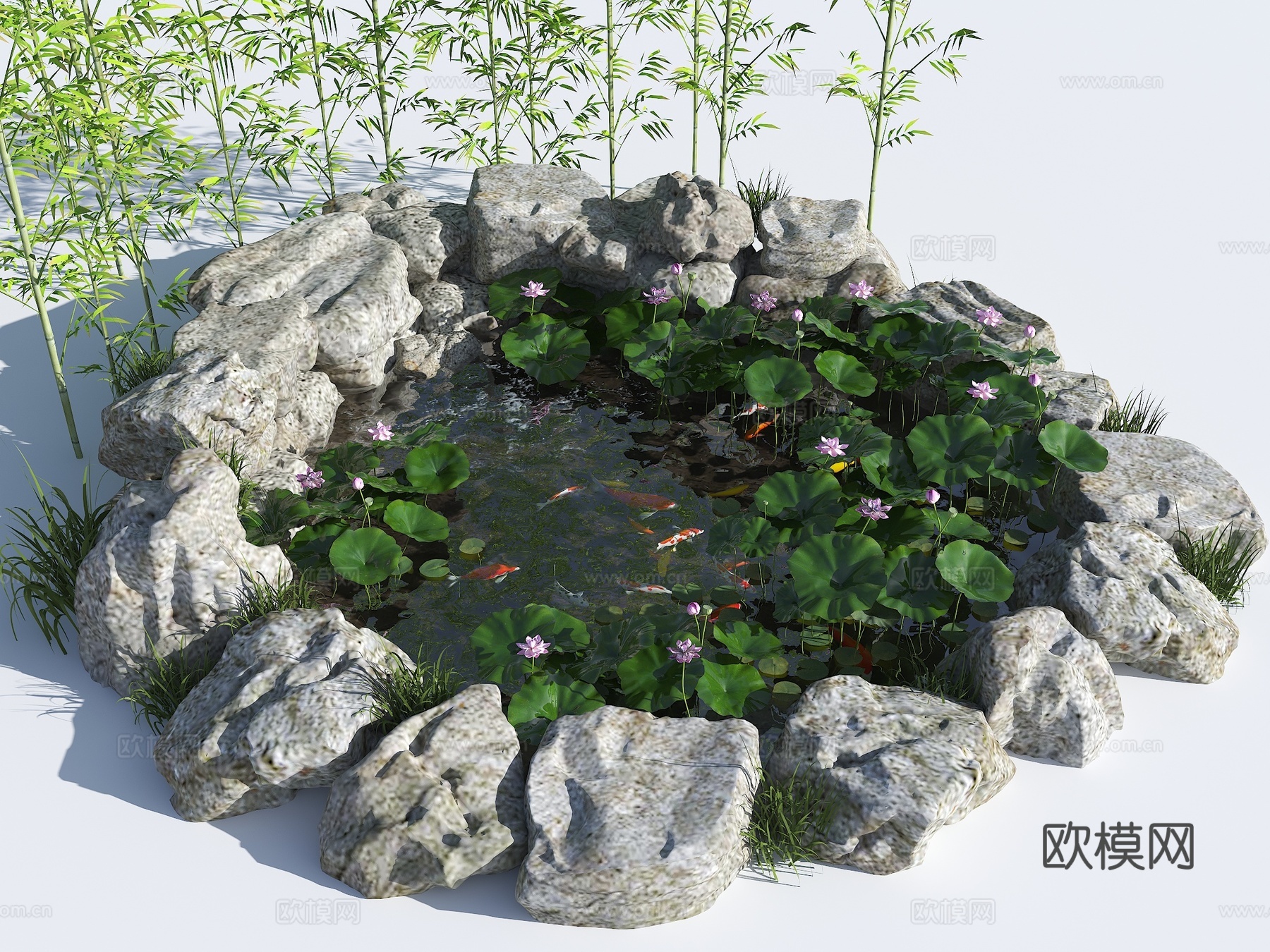 现代生态鱼池 水池 荷花池 观赏锦鲤池 假山叠水 跌水水景3d模型