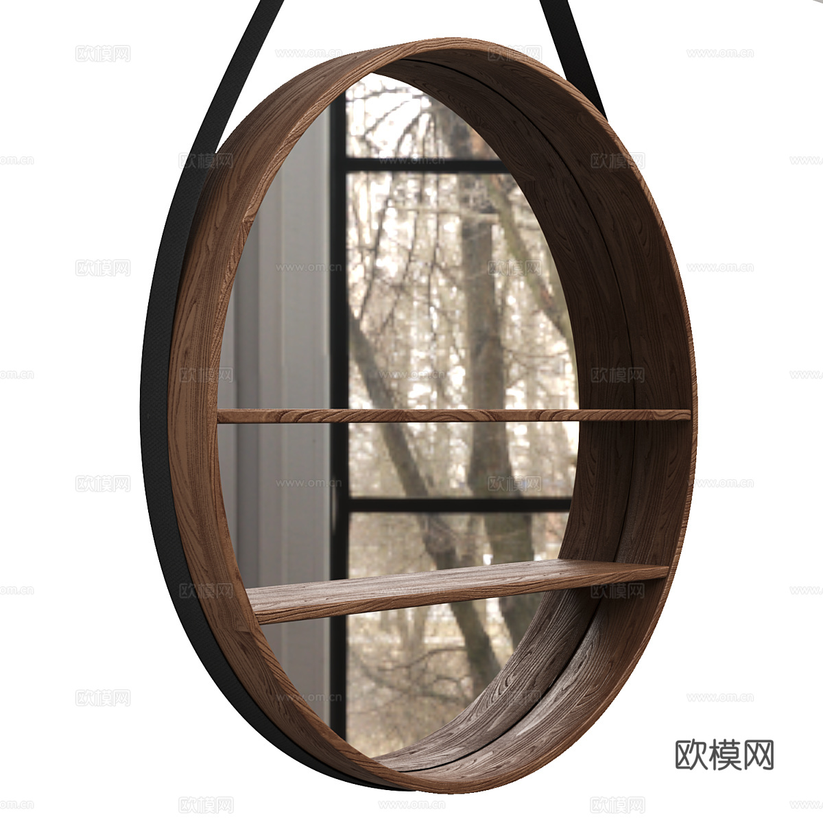 新中式木质装饰挂镜 圆镜3d模型