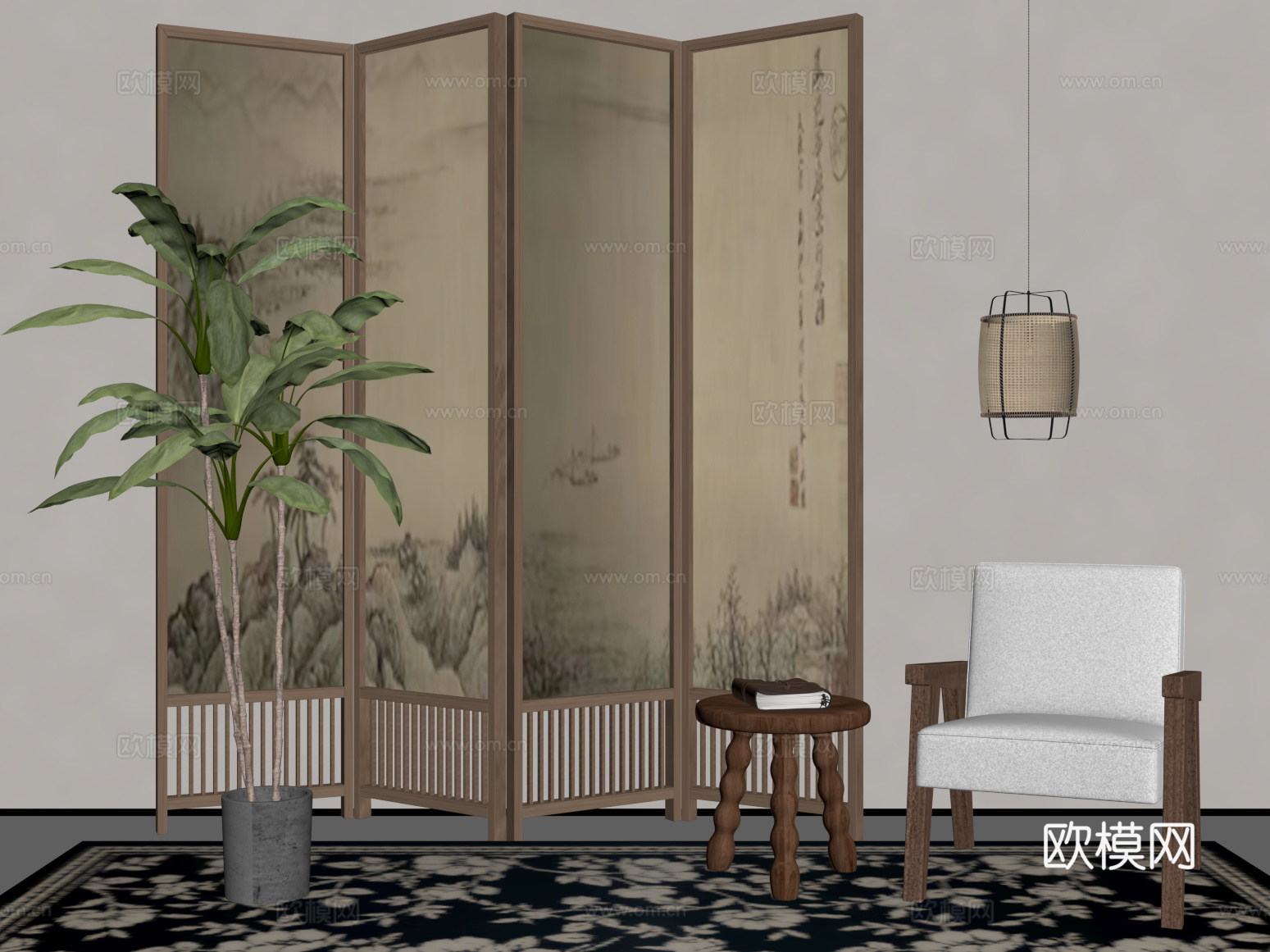 屏风 中古风屏风隔断 休闲沙发 边几 吊灯 绿植su模型