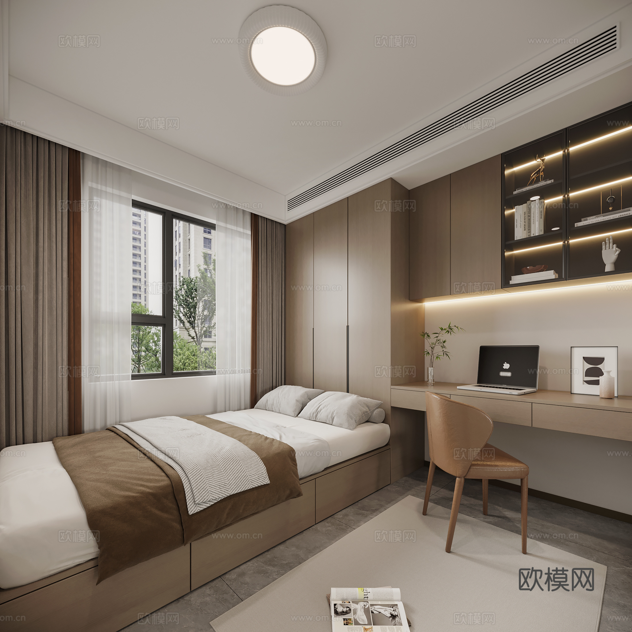 现代意式榻榻米卧室 书桌椅 吸顶灯 窗帘 地毯3d模型