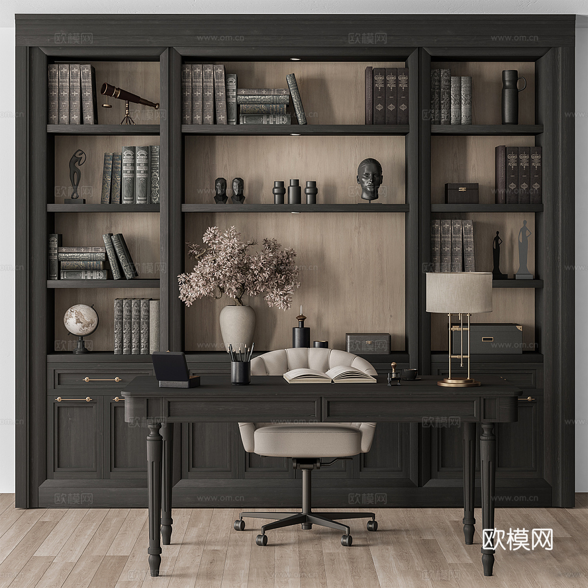 美式复古书柜 书桌椅3d模型