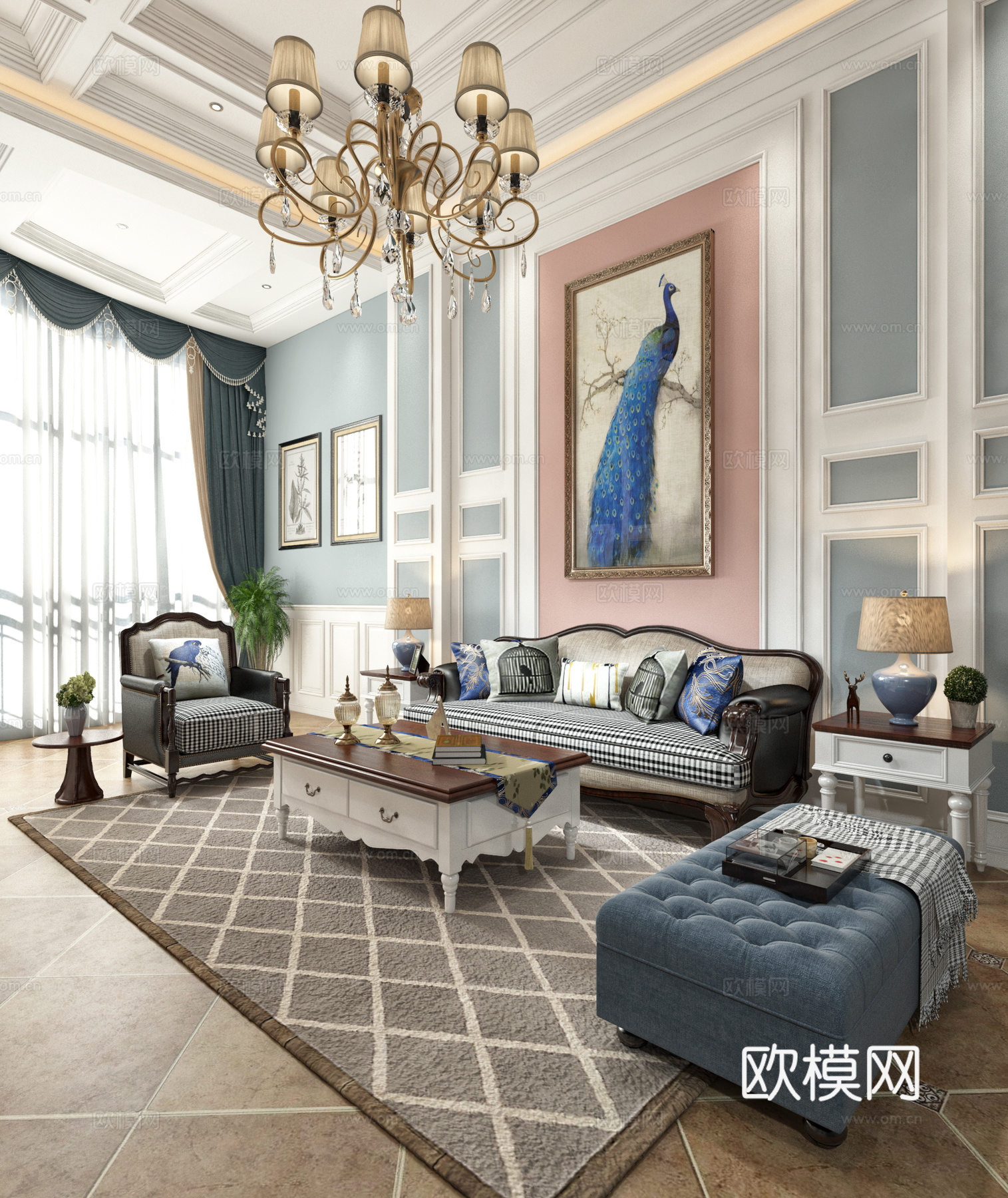 美式客厅 餐厅 沙发茶几 吊灯 挂画 桌面摆件3d模型