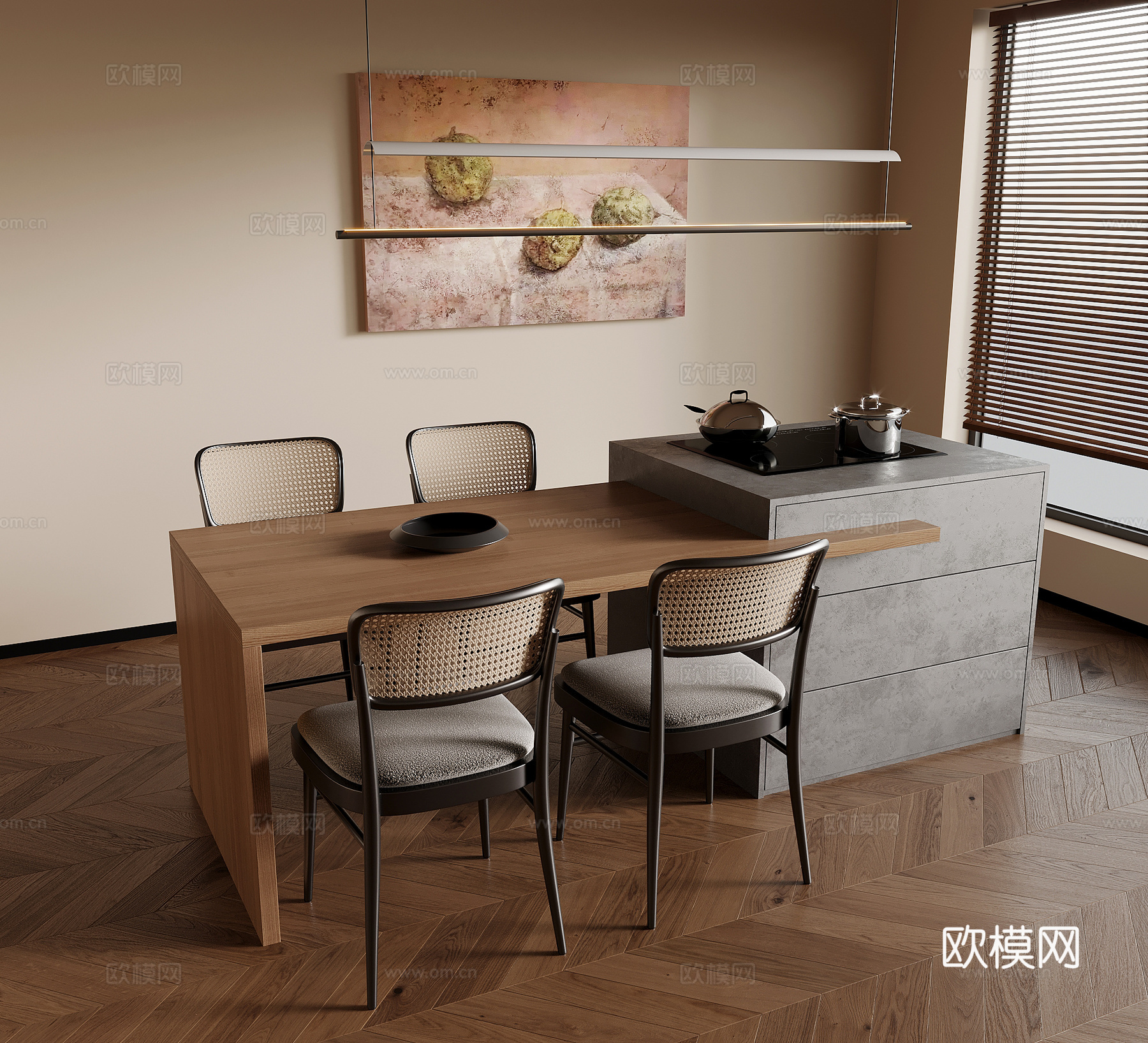 岛台 中古风岛台 餐桌椅 餐台 装饰吊灯3d模型