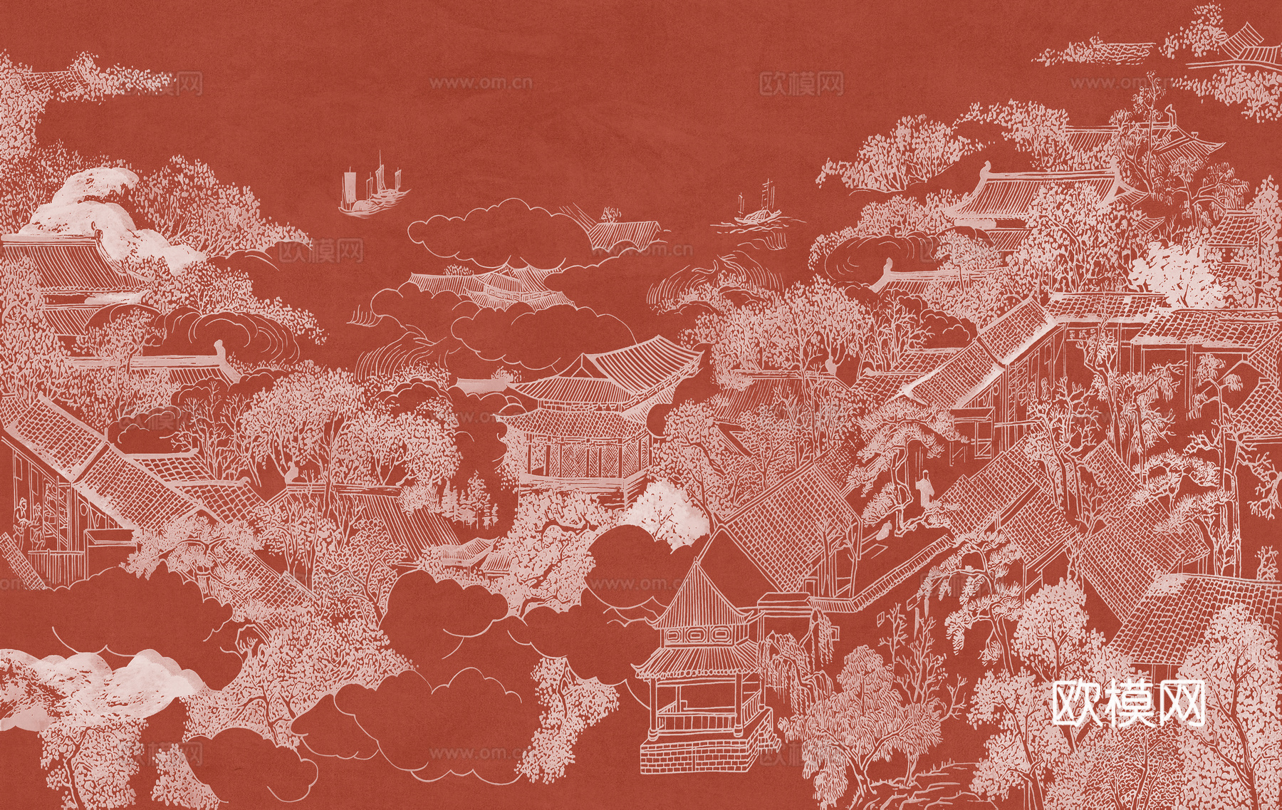 新中式亭台楼阁中式建筑线条肌理工装背景墙下载（渲染图7）