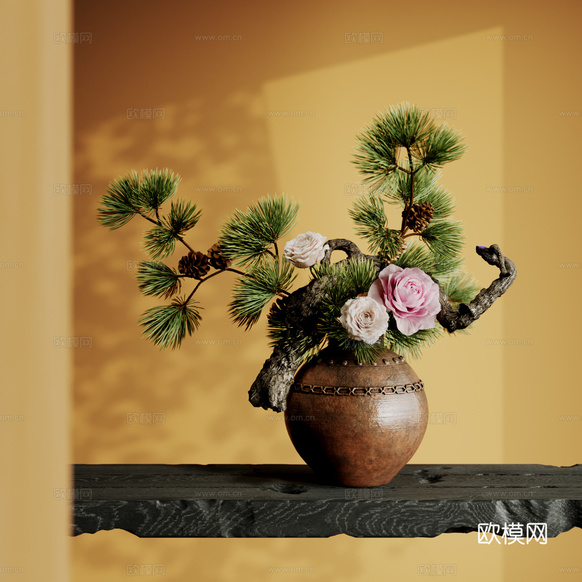新中式花艺摆件 宋氏美学 艺术插花 盆景盆栽 鲜花插花 陶罐3d模型下载