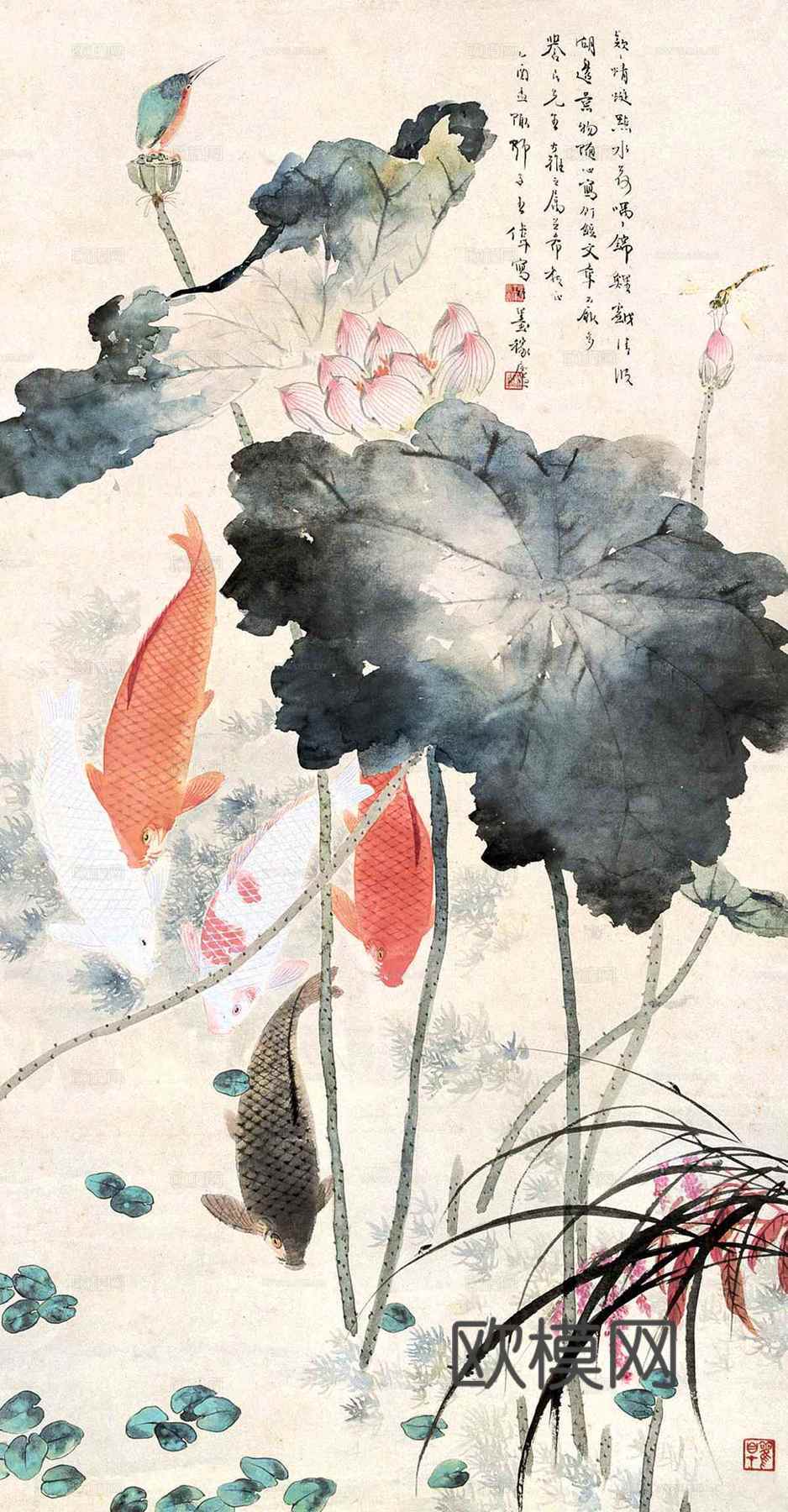 中式荷花水墨画