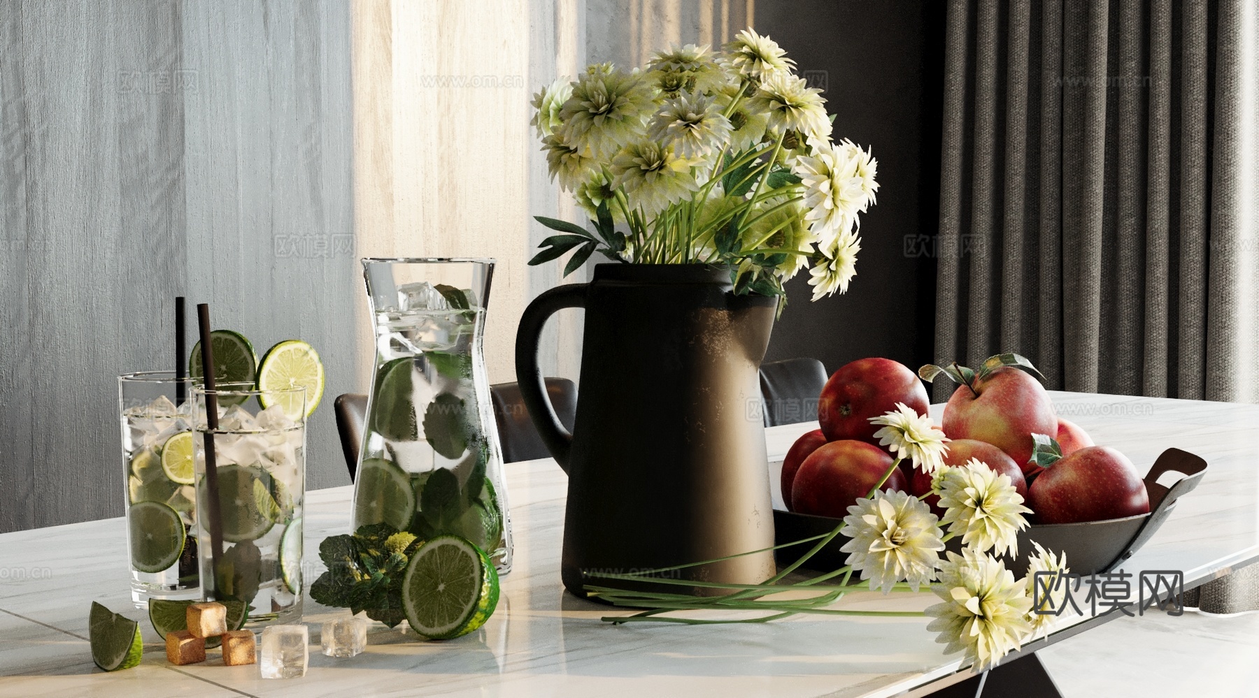 果盘 花卉 饮品 窗帘3d模型