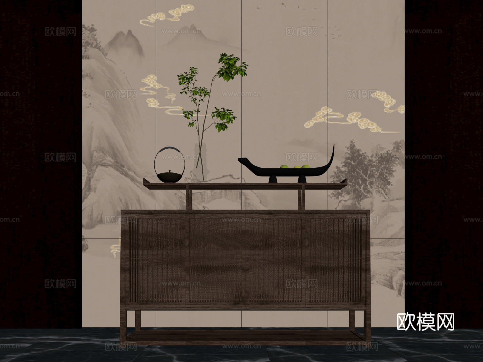 新中式端景柜 玄关柜 盆栽盆景su模型