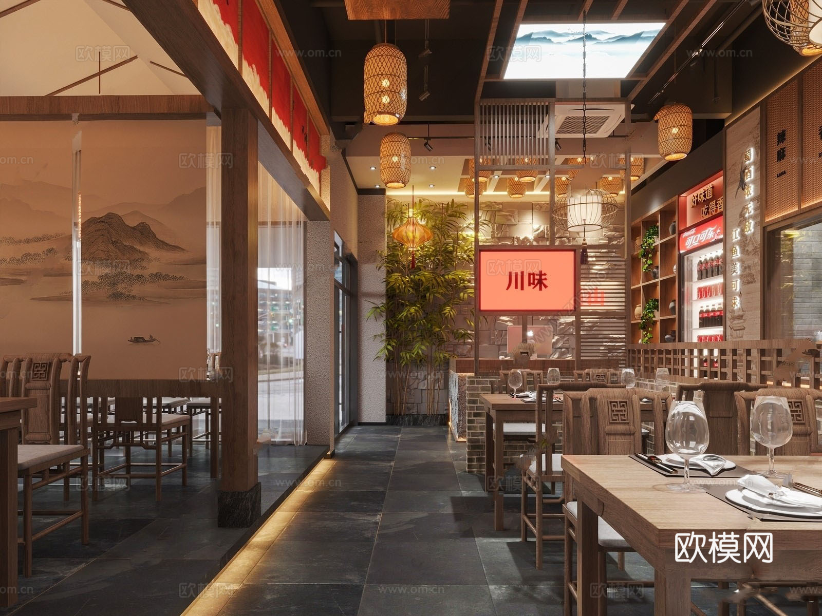 新中式川菜中餐厅 餐桌椅组合 景观小品 绿植 墙饰su模型