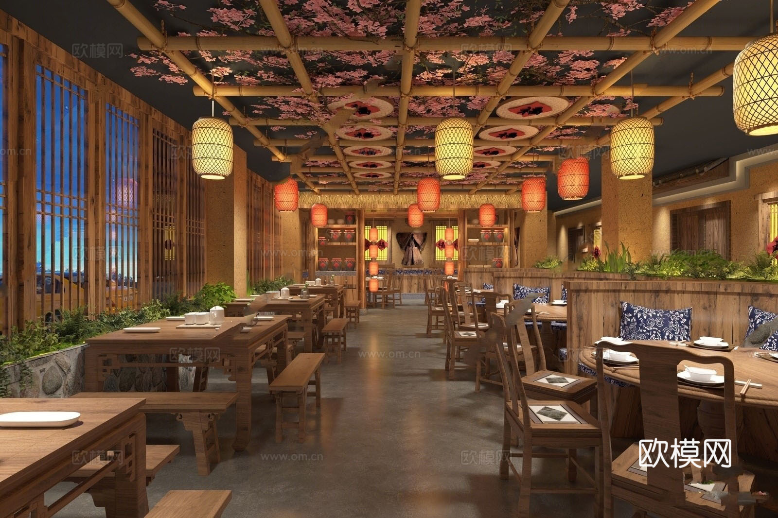 中式中餐厅 四方桌 桌椅组合 灯笼挂灯su模型