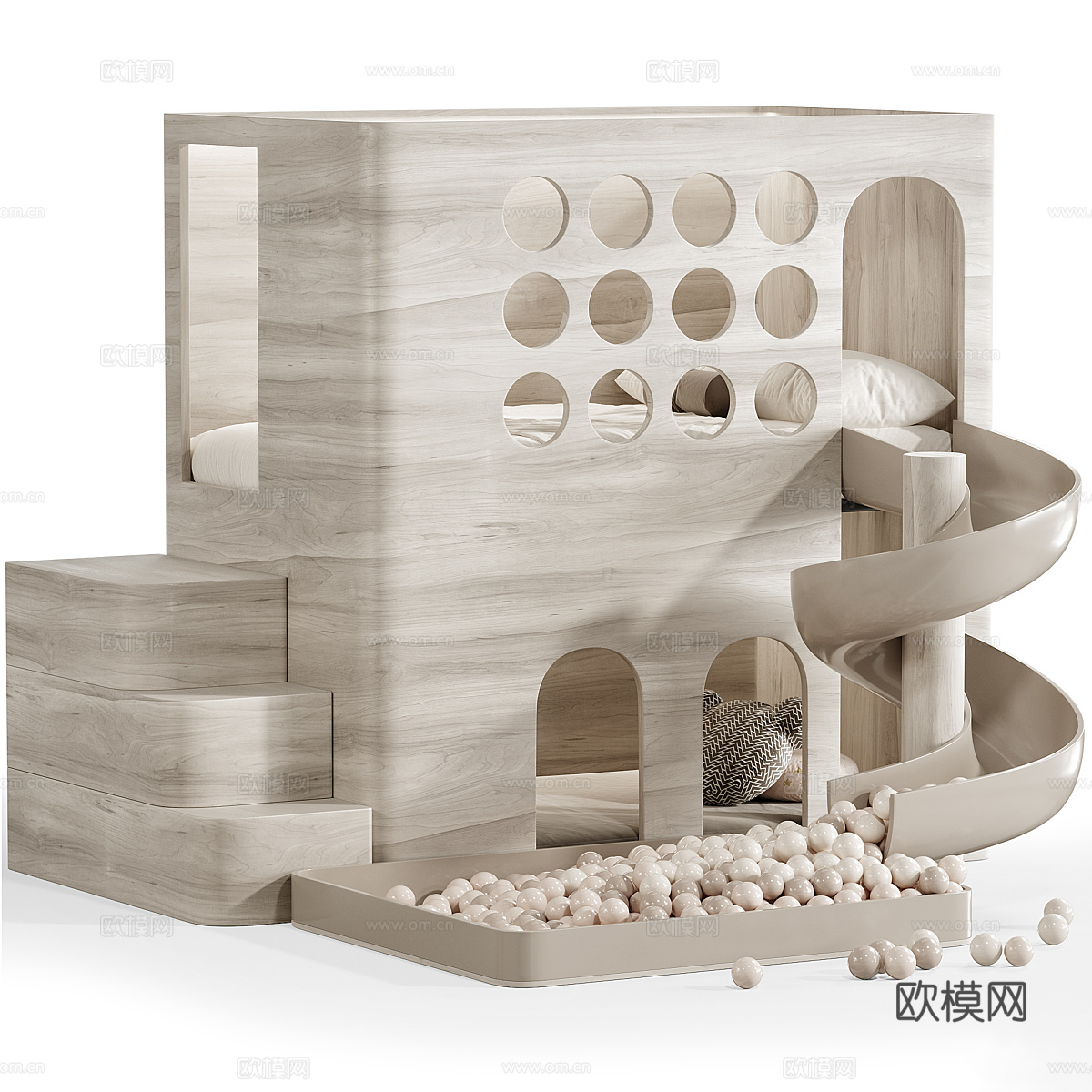 现代奶油风儿童上下床 滑梯床 高低床3d模型