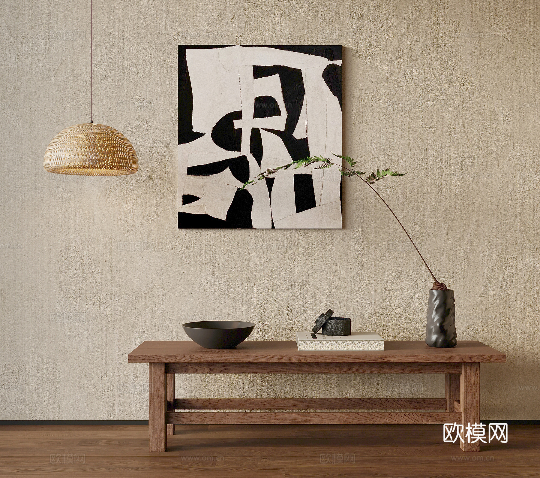 玄关 中古风端景条案 挂画摆件 盆栽3d模型