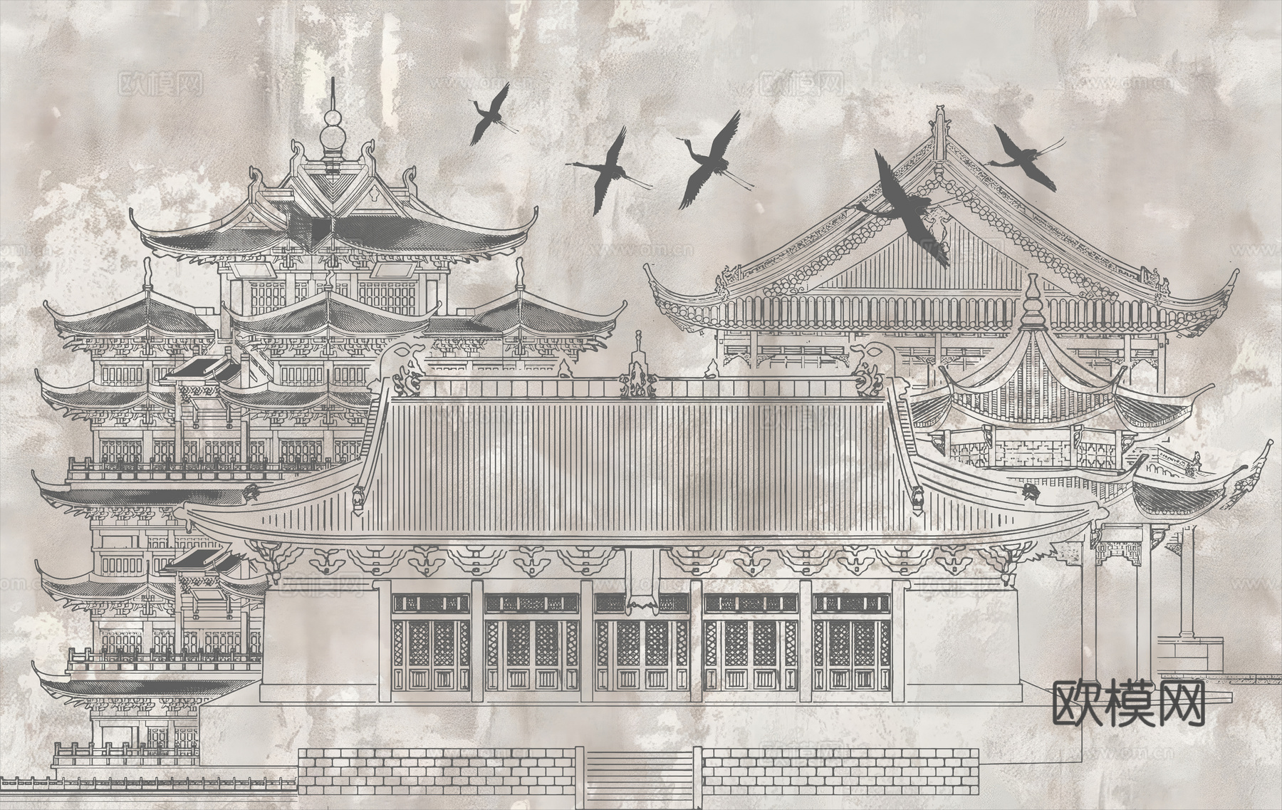 新中式亭台楼阁中式建筑线条肌理工装背景墙下载（渲染图4）