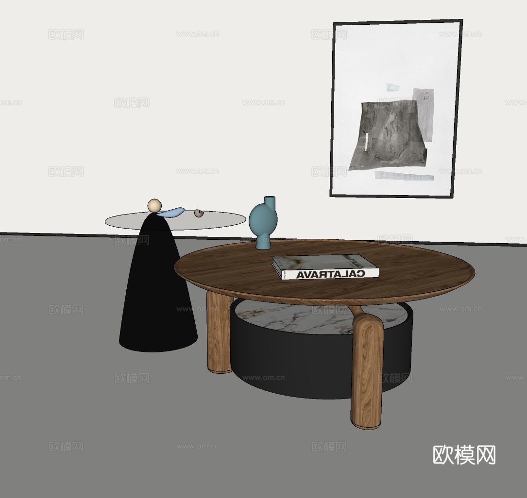 意式茶几组合 实木茶几组合 中古茶几组合su模型