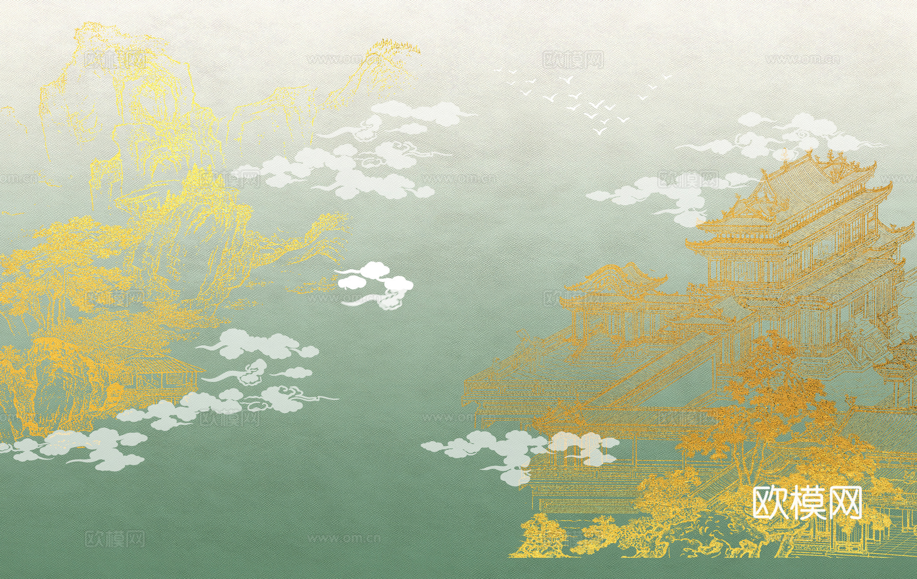 新中式亭台楼阁中式建筑线条肌理工装背景墙下载（渲染图1）
