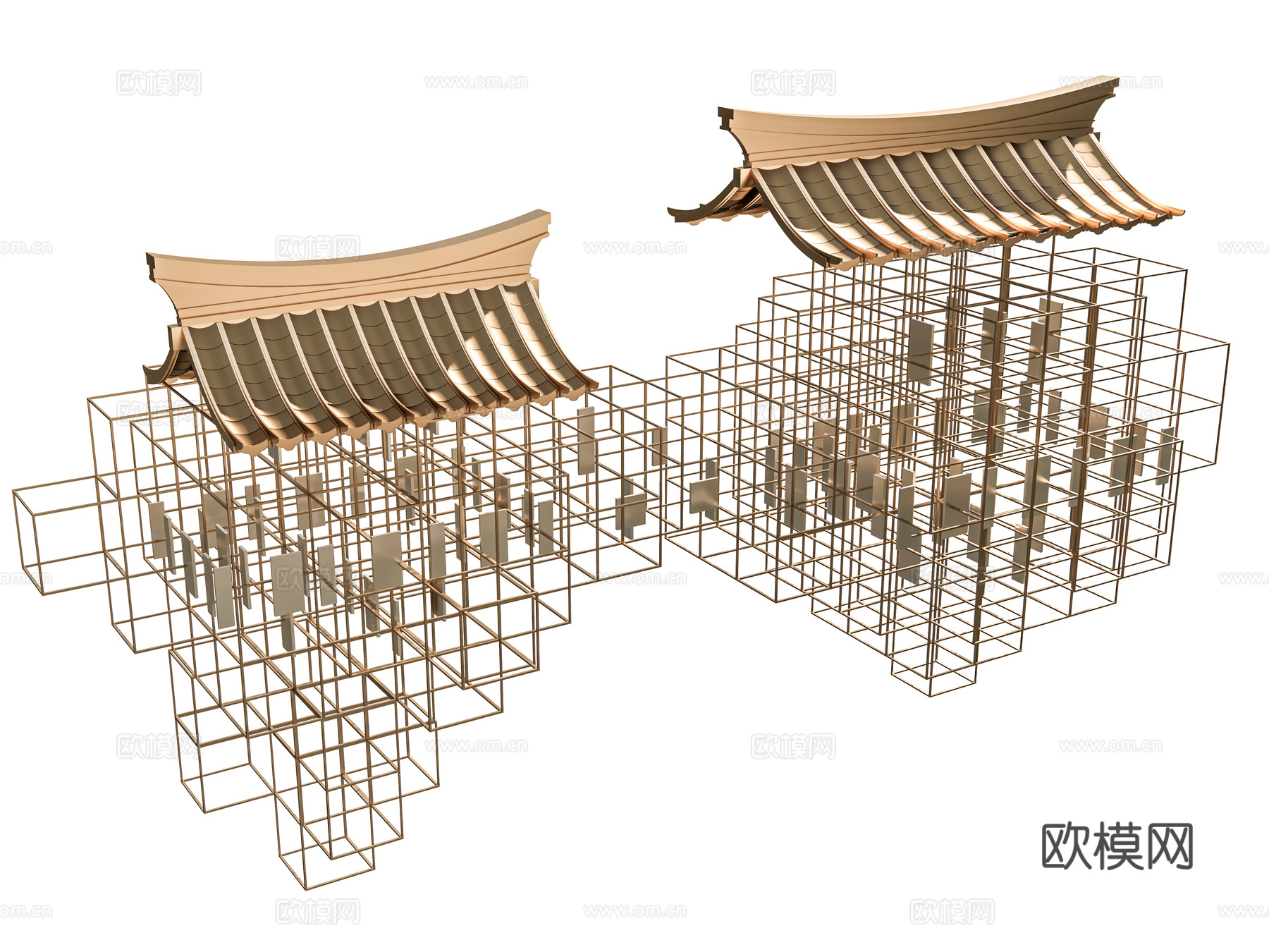 现代新中式雕塑摆件 金属坡屋顶雕塑 新中式屋檐雕塑 金属吊线su模型