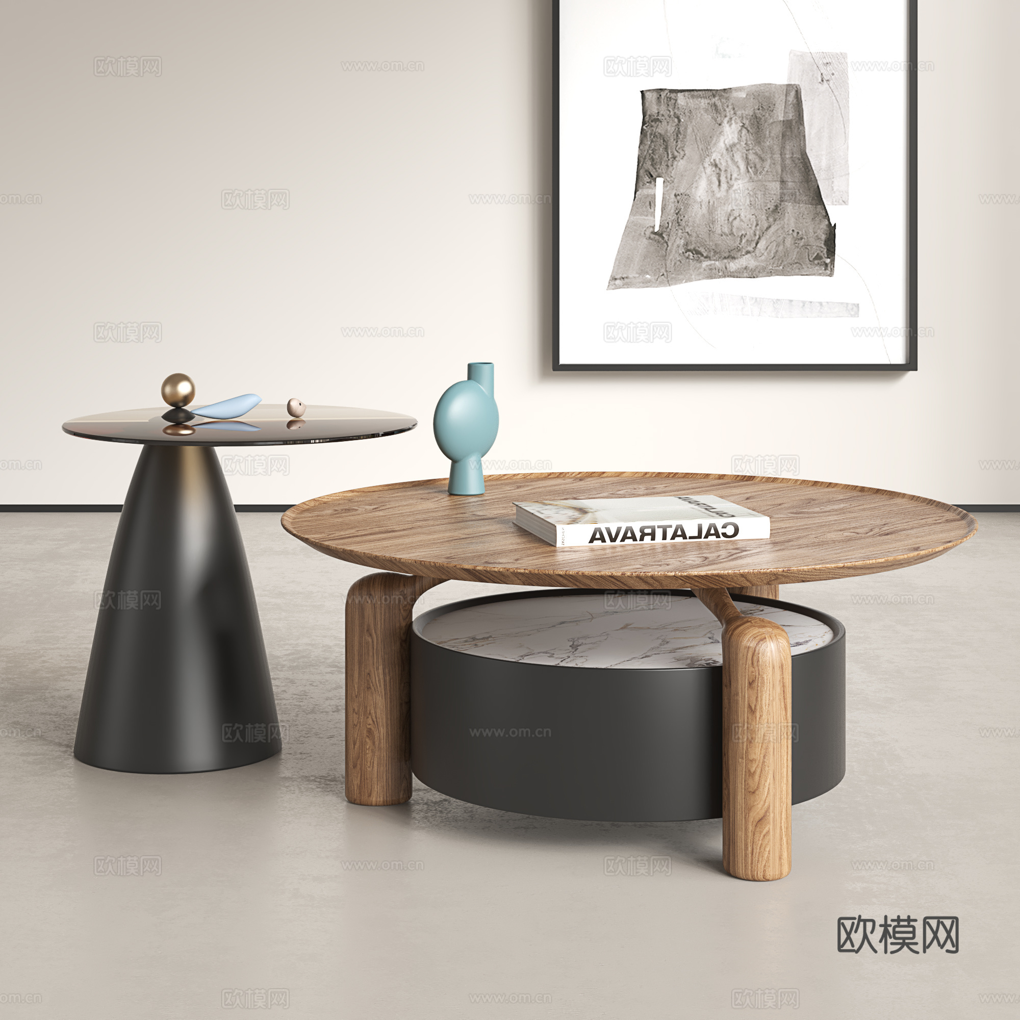 意式茶几组合 实木茶几组合 中古茶几组合3d模型