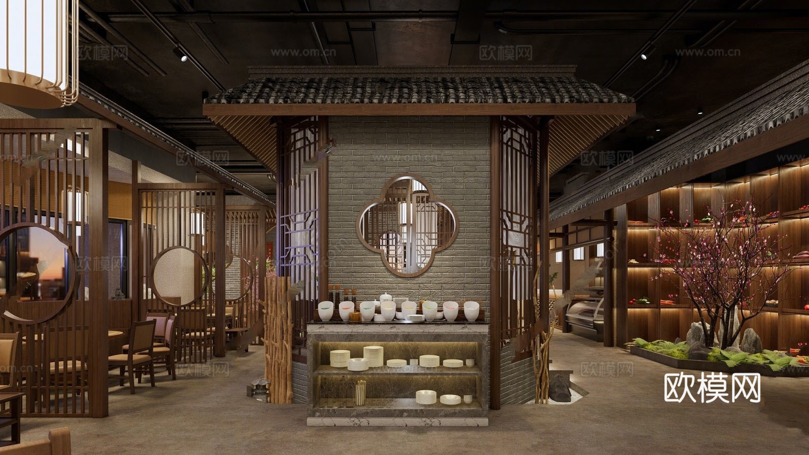 中式火锅店 乡村怀旧复古火锅店 桌椅组合su模型