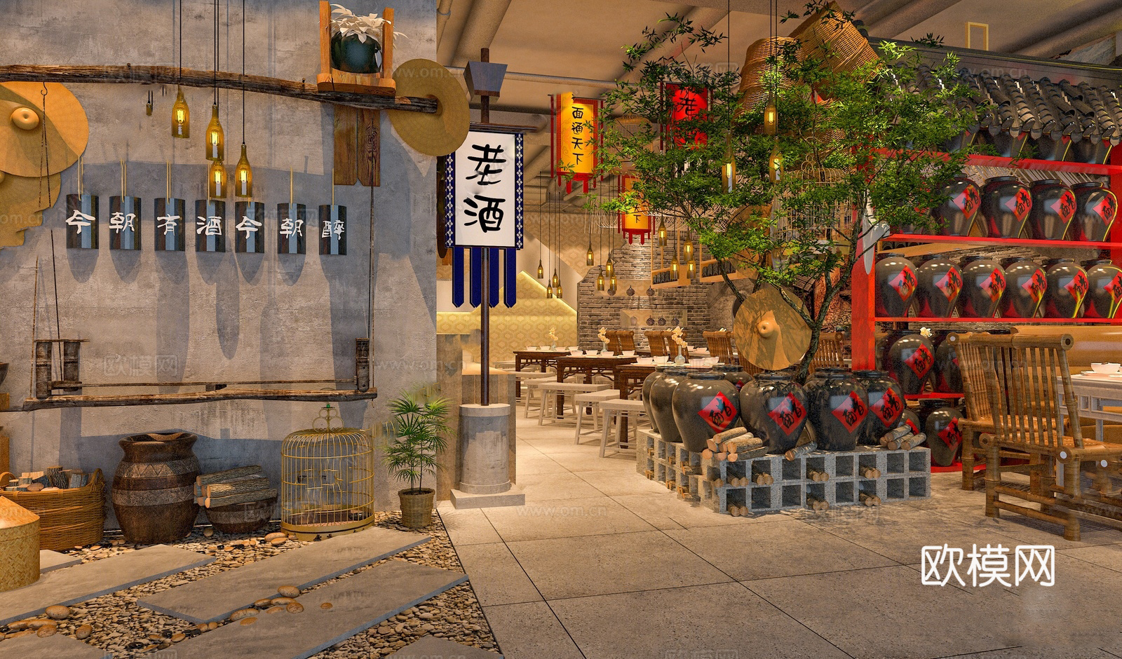 新中式中餐厅 酒店 餐馆 饭店 餐桌椅 隔断 酒坛su模型