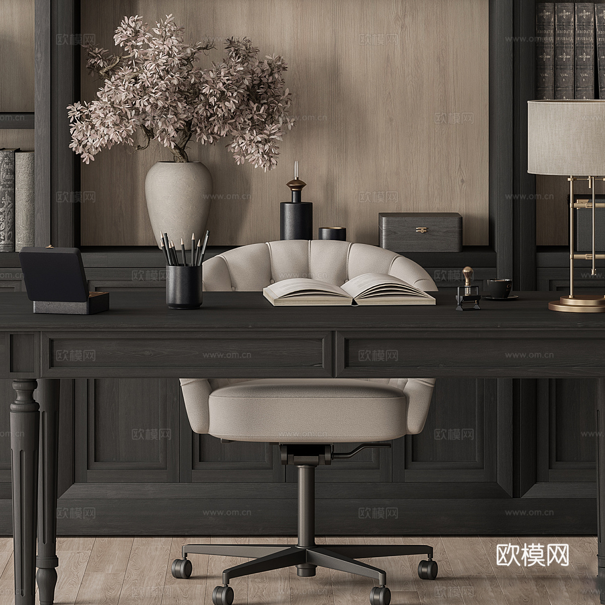 美式复古书柜 书桌椅3d模型