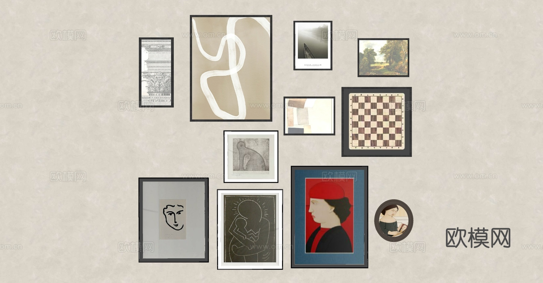 现代中古风装饰画组合su模型