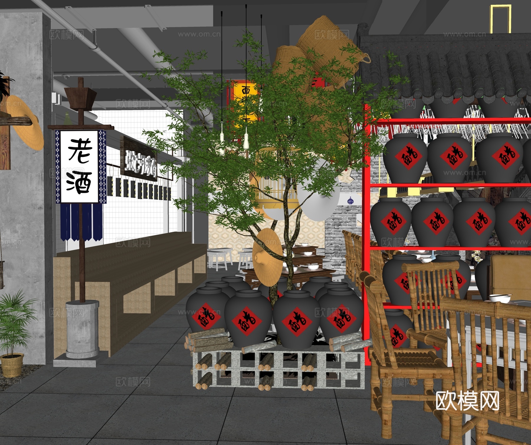 新中式中餐厅 酒店 餐馆 饭店 餐桌椅 隔断 酒坛su模型
