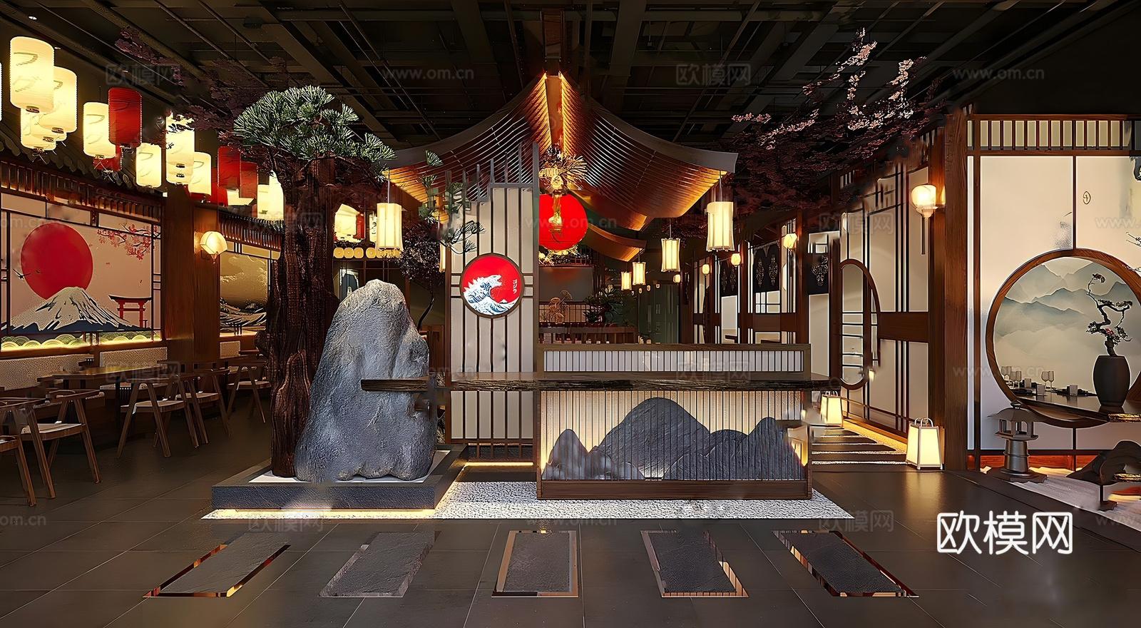 新中式中餐厅 餐桌椅组合 入门景观 吊灯 框景su模型