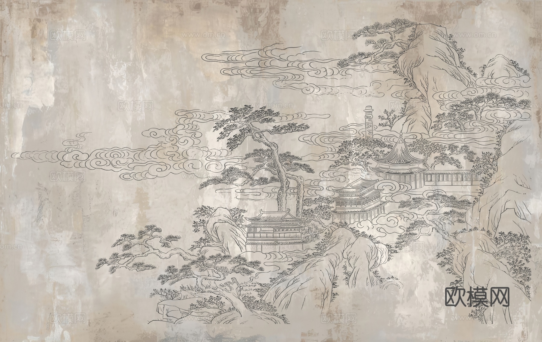 新中式亭台楼阁中式建筑线条肌理工装背景墙下载（渲染图2）