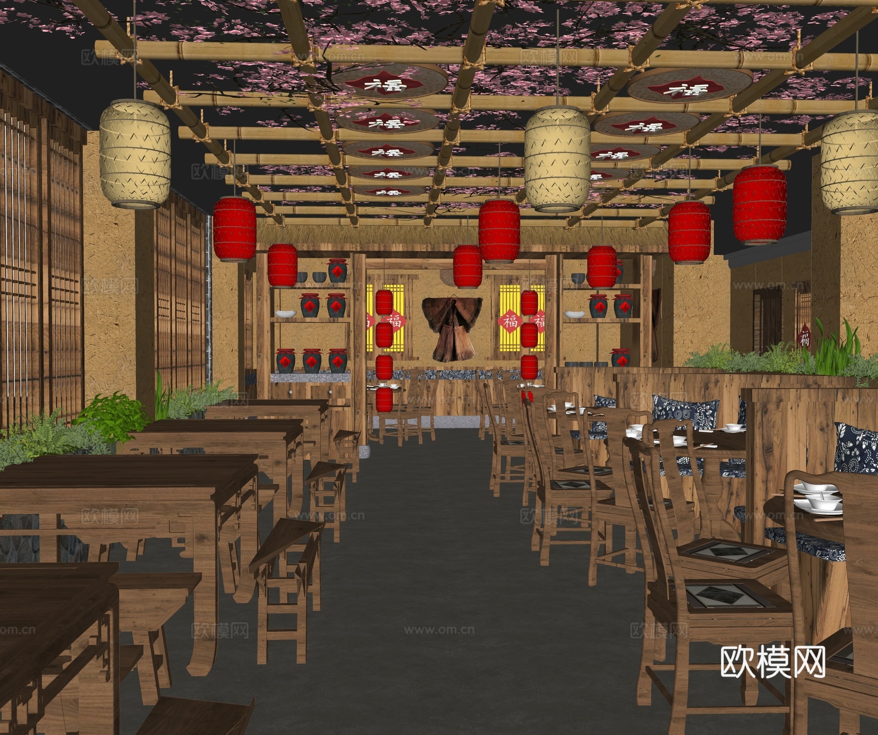 中式中餐厅 四方桌 桌椅组合 灯笼挂灯su模型