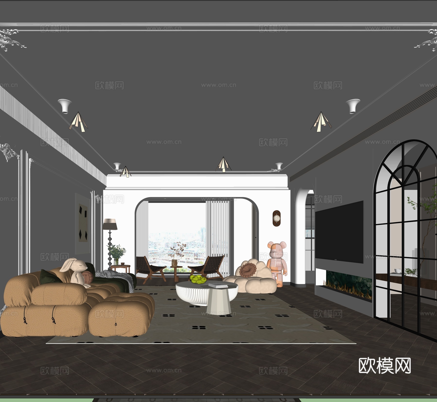现代奶油风客厅su模型