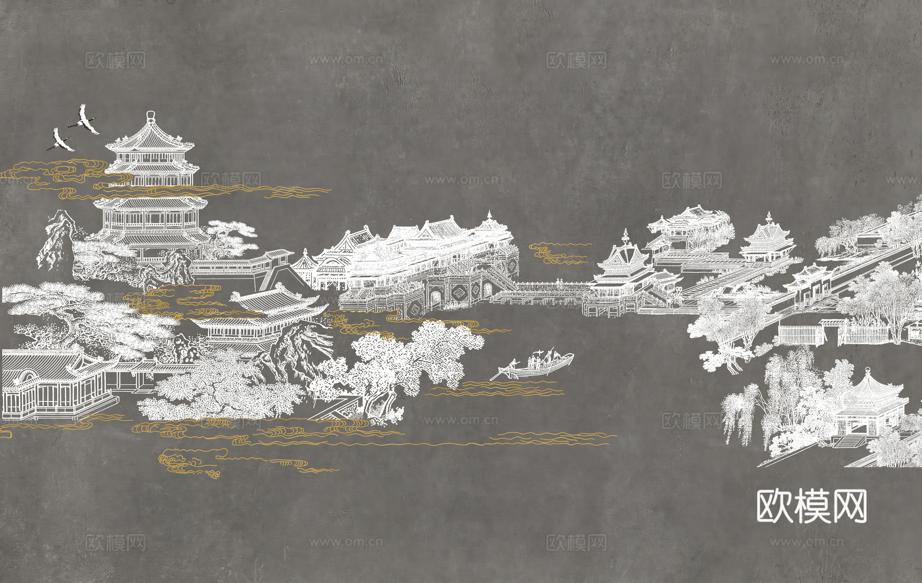 新中式亭台楼阁中式建筑线条肌理工装背景墙下载（渲染图3）