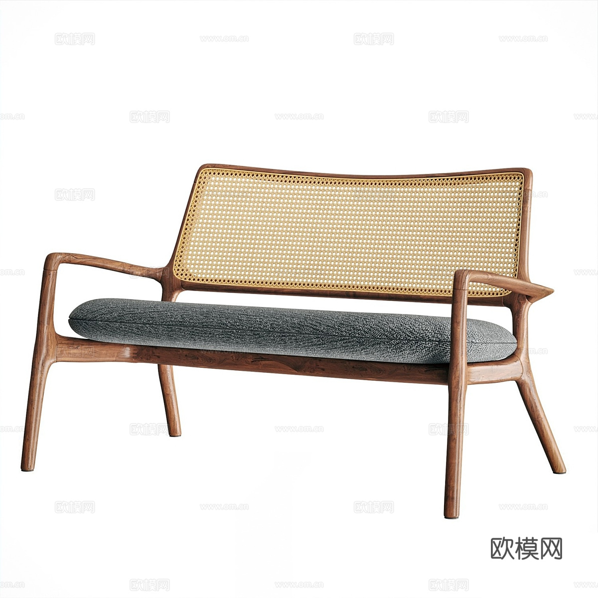 新中式藤编木质双人休闲沙发3d模型