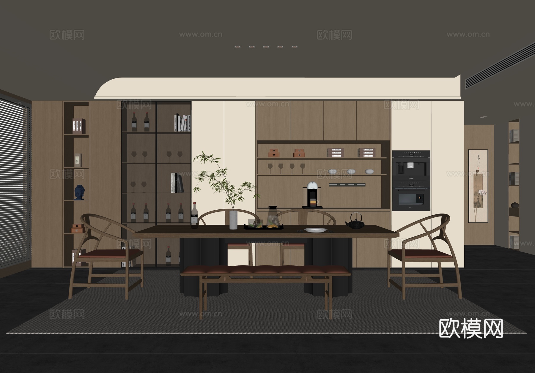 新中式餐厅 餐桌椅 酒柜 酒水 摆件 吊灯 墙饰 挂画 水生su模型