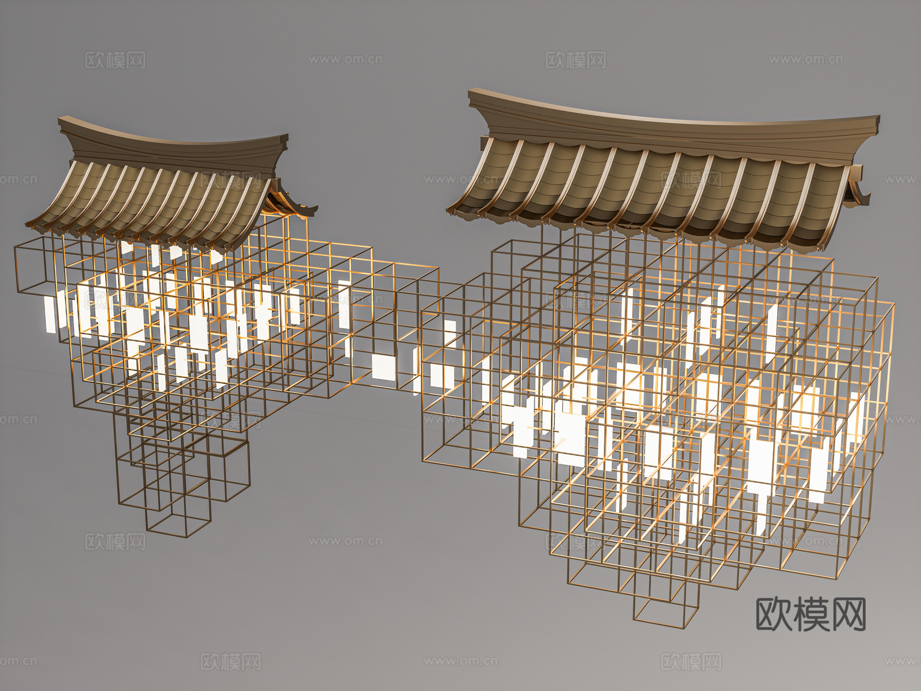 现代新中式艺术吊灯 金属艺术吊灯 坡屋顶古建筑屋顶 斜屋顶金su模型