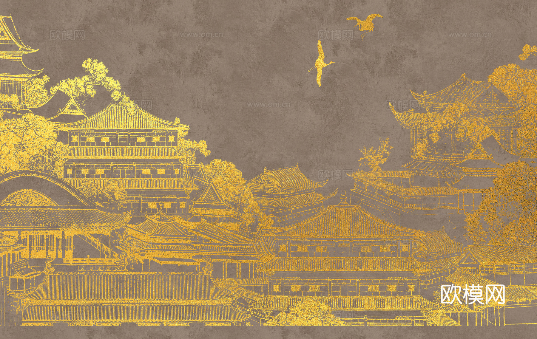 新中式亭台楼阁中式建筑线条肌理工装背景墙下载（渲染图8）